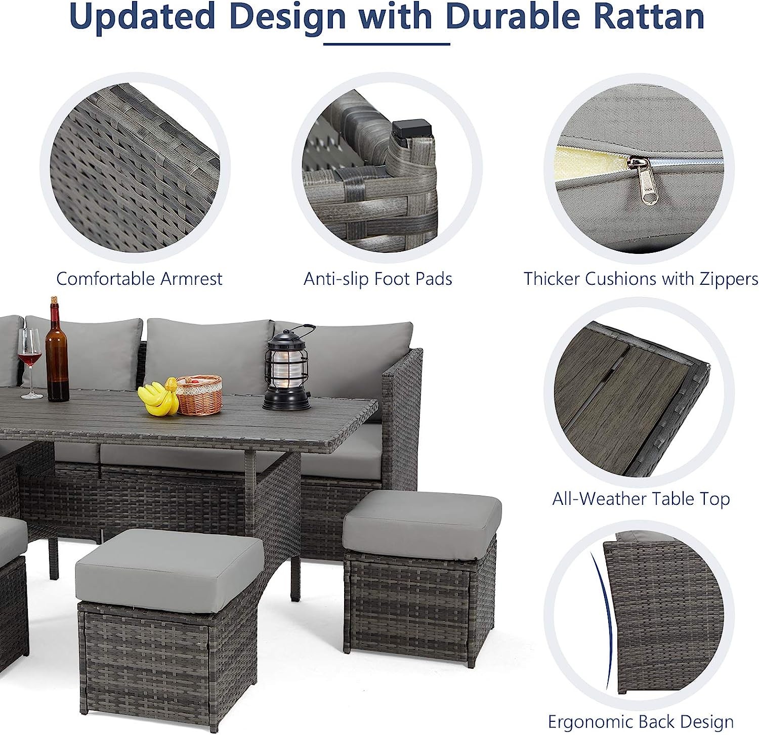 Patio Furniture Set Outdoor Sectional Sofa Conversation Set All Weather Wicker Rattan Couch Dining Table & Chair