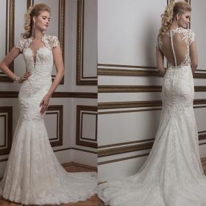 China New Arrival Romantic White Perspective Lace Slim Waist Deep V Mermaid Wedding Dresses on sale
