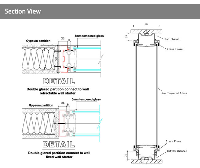 lastest style Frameless partition soundproof wall customized size glazed wall partition Aluminum frame