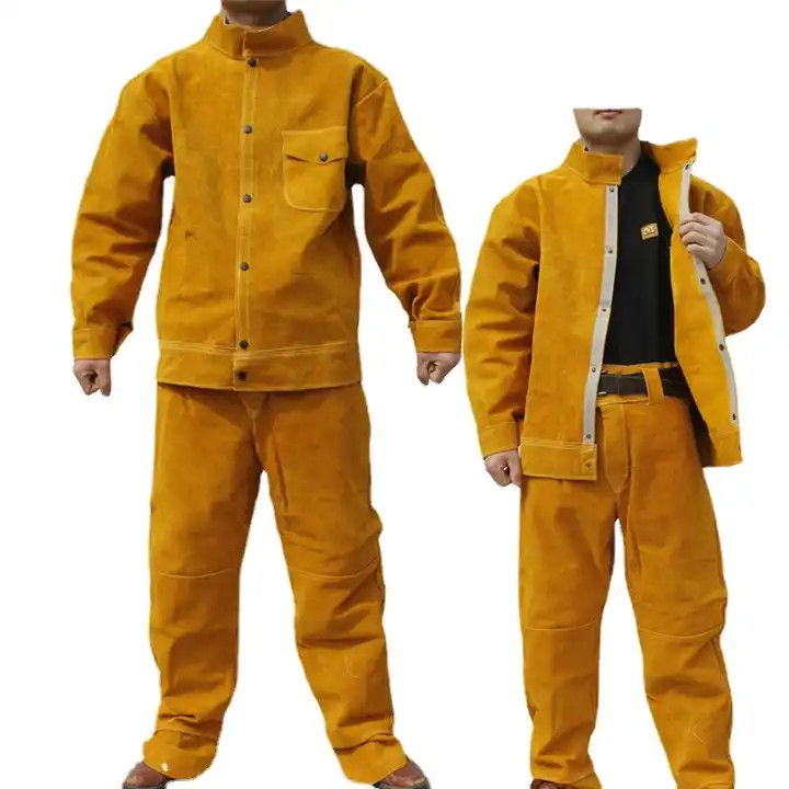Real Cow Leather Mens Heat Proof Electric Welding Workwear Workshop Uniforms Electrician Coveralls Coat Pants Protective