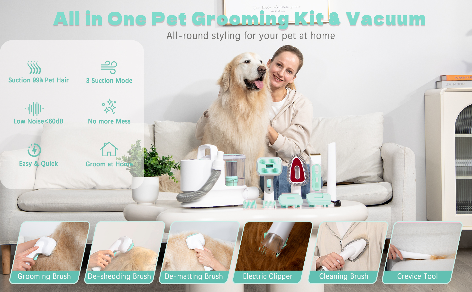 6-in-1 Pet Grooming Vacuum Cleaner for All Pet Hair Types and Lightweight Design