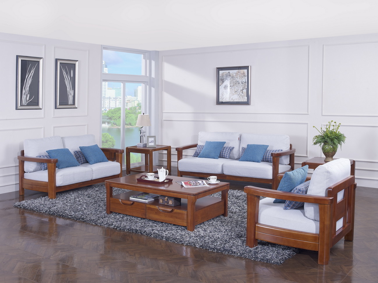 High end quality 1+2+3 Solid wood Leisure sofa set by Fabric and density sponge upholstered seat cushion