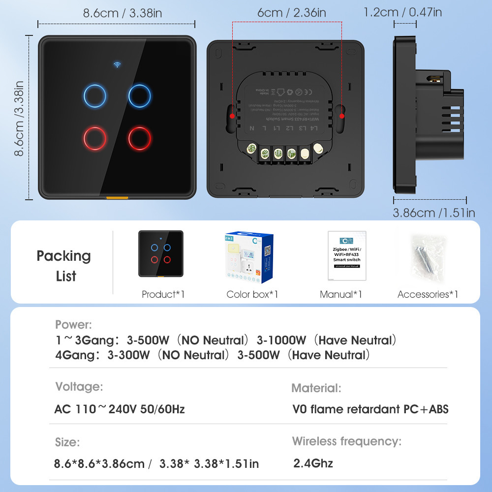Tuya WiFi switch RF433 control Timing Voice App Alexa, Google Home Smart Home No Neutral Wire WiFi EU Wall Switch