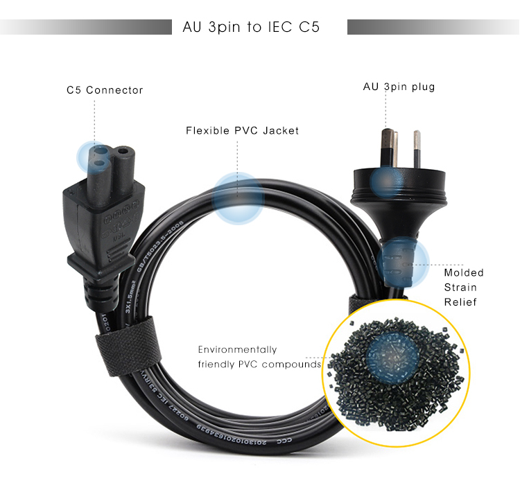 SAA Certified AU 3P to IEC C5 Power Cord 2.5A 250V, 0.75mm2 H05VV-F for Laptop/Printer (3ft-15ft)