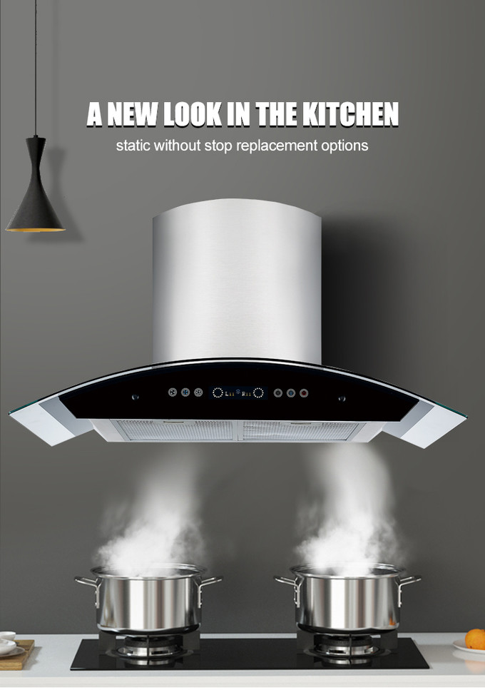 Modern Wall Mount Glass Chimney Hood with LED Lighting Aluminium or Baffle Filter Silver Model A9