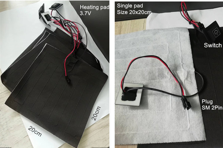 Custom Clothes Heating Pad Size 20x20cm 3.7V With SM 2Pin Plug