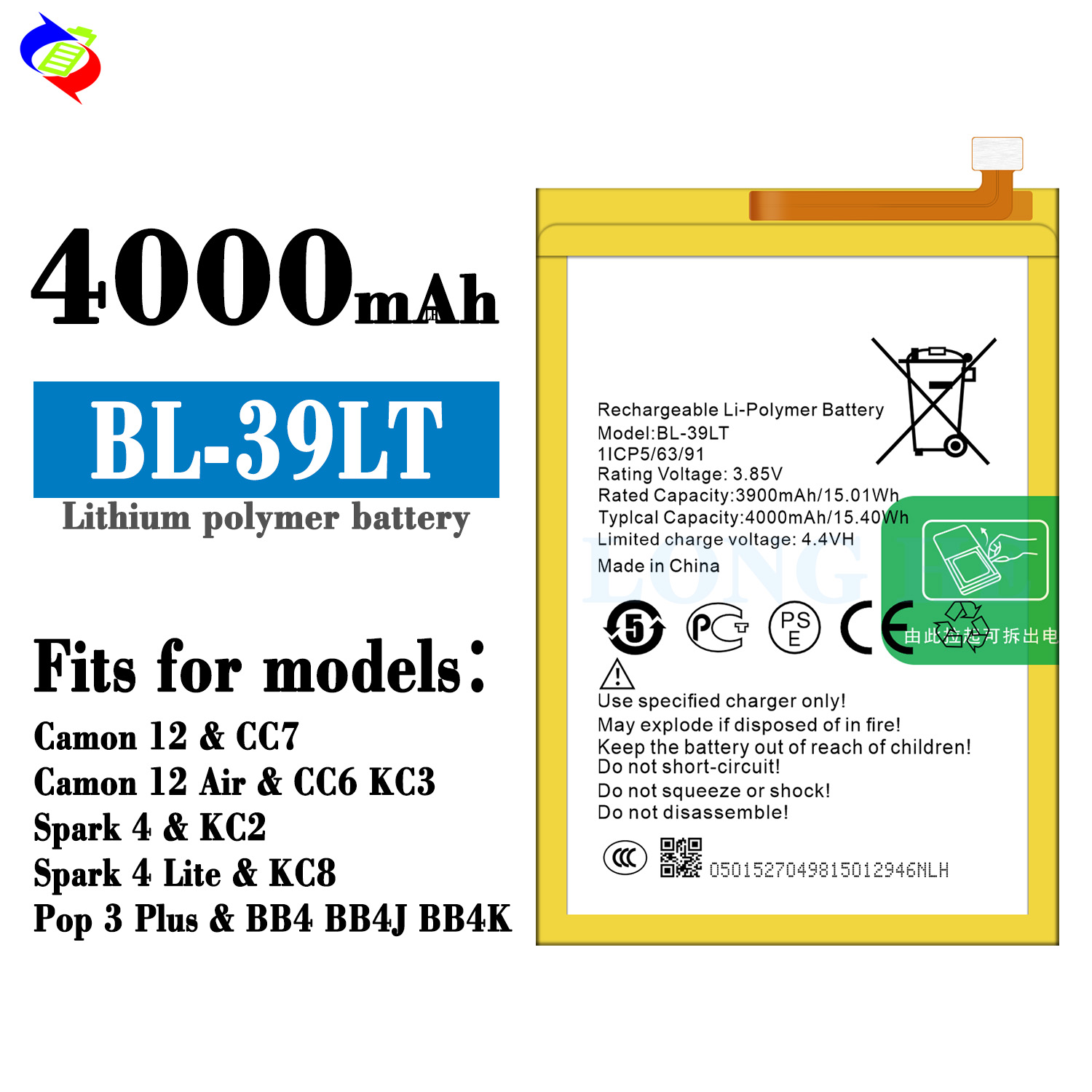 4000mAh BL-39LT Camon i12 Battery for Tecno KC3 Mobile Phone Rechargeable Batteries