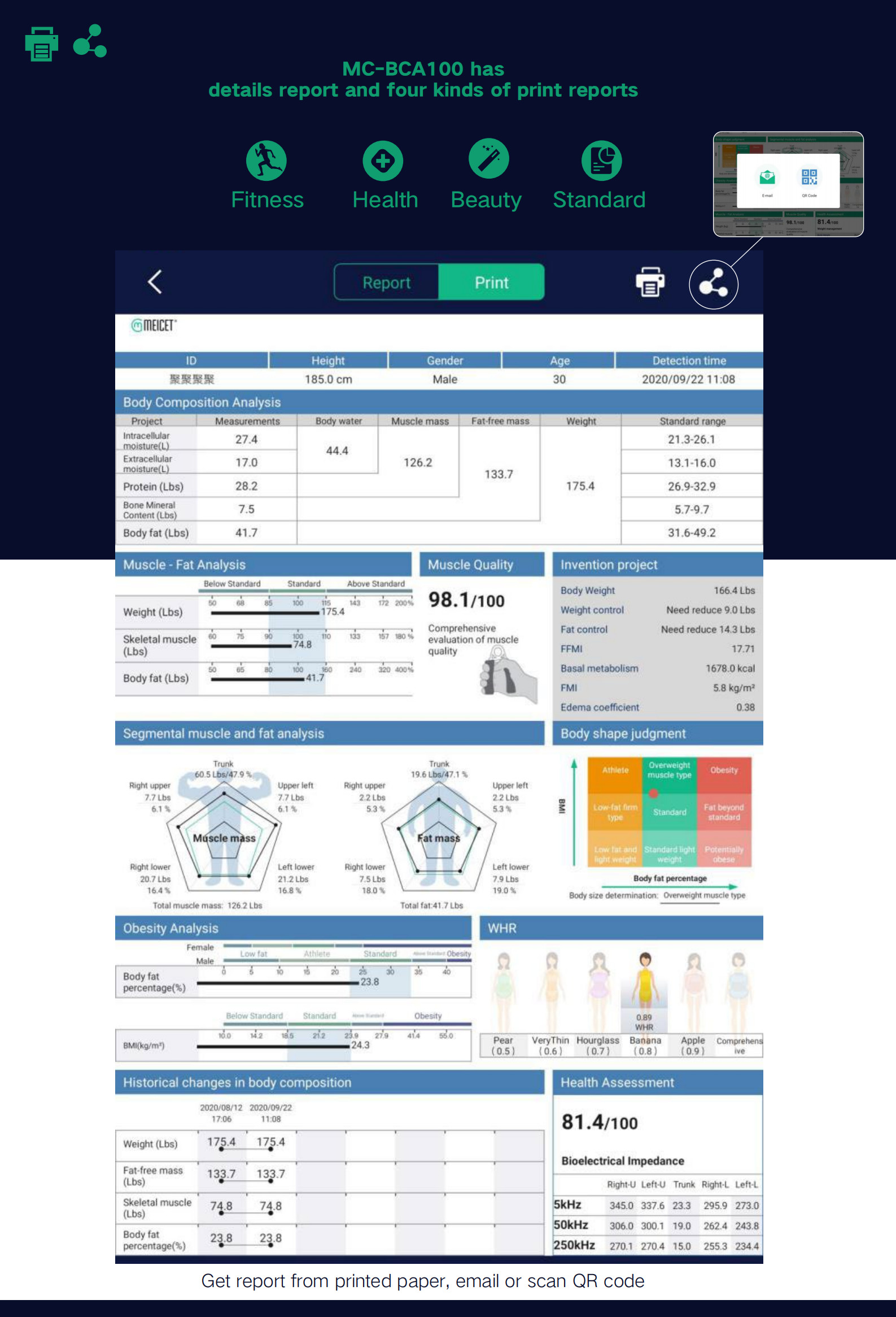MC-BCA100 Bioelectrical Impedance Analysis Machine 250kHz BMI Analyzer