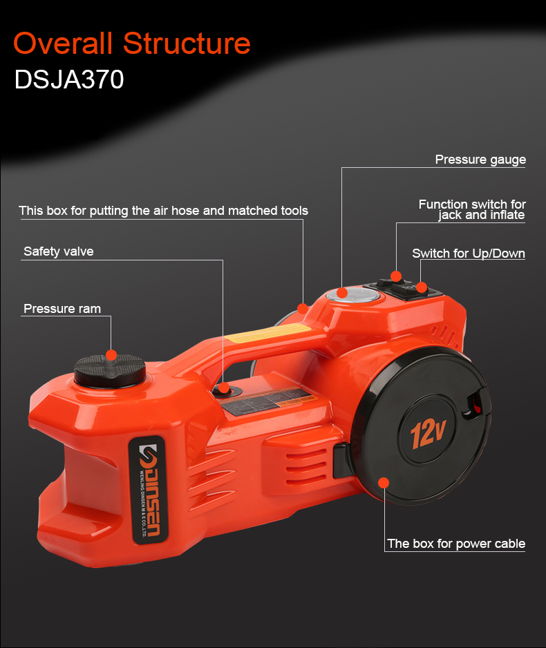 Dual Function 3 Ton 12 Volt Mini Electric Inflatable Car Hydraulic Jack Horizontal Type