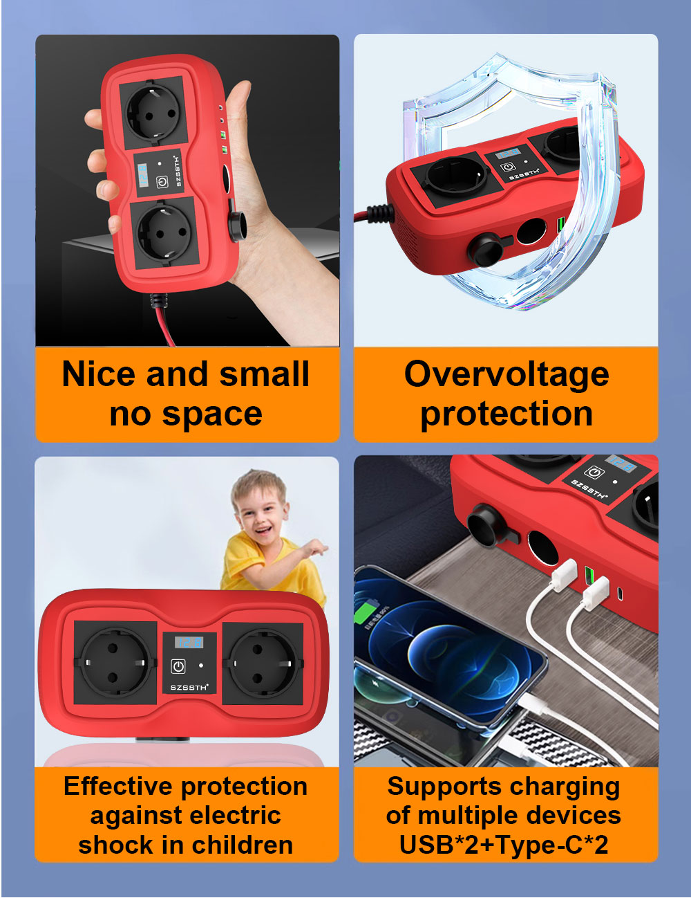 SDK Network SZSSTH DC 12V To 220V 230V 240V AC 2AC Outlet 2USB Port 200W Socket GaN PD Fast Charger Car Power Inverter