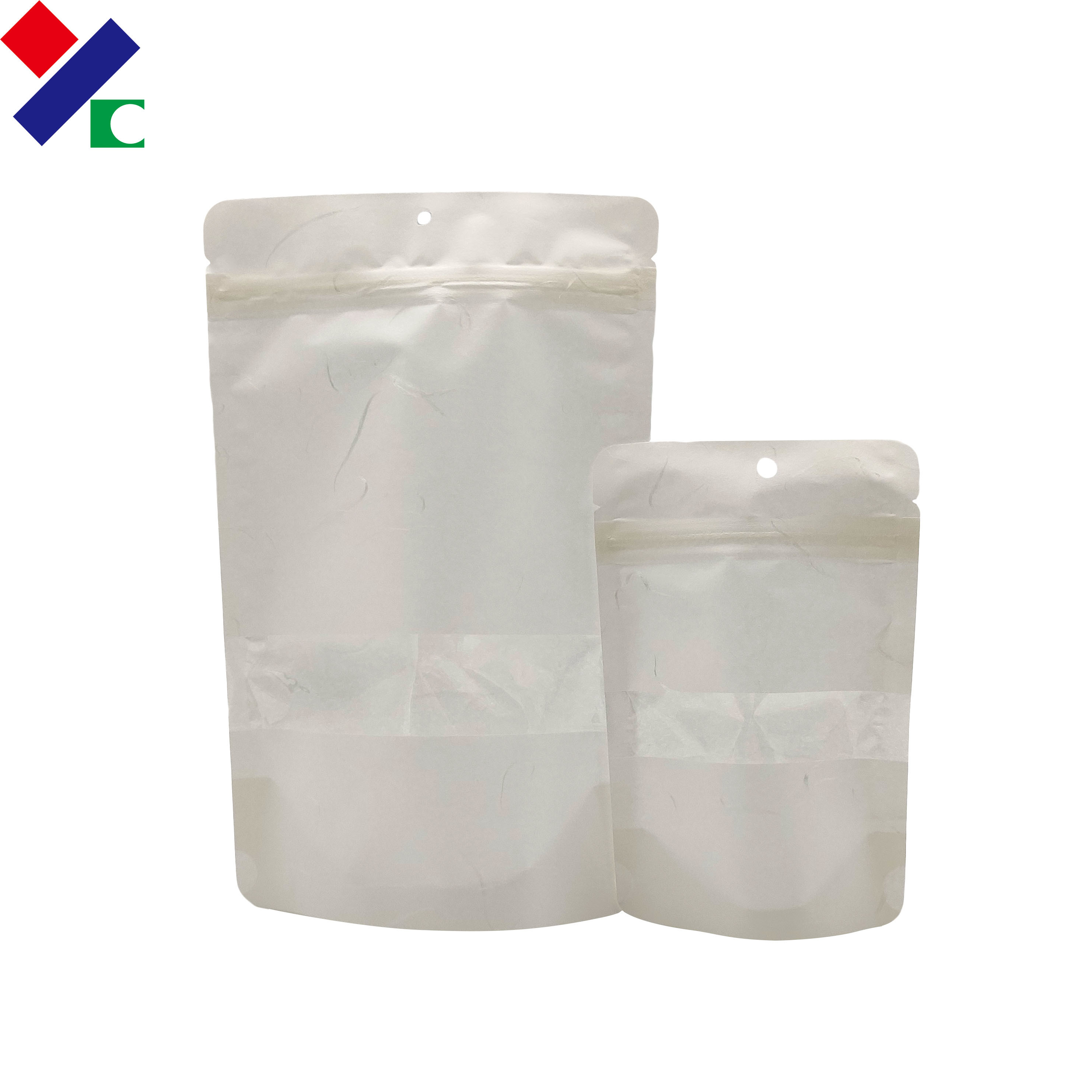 200 Microns White Kraft Paper Stand Up Pouch With Window Biodegradable