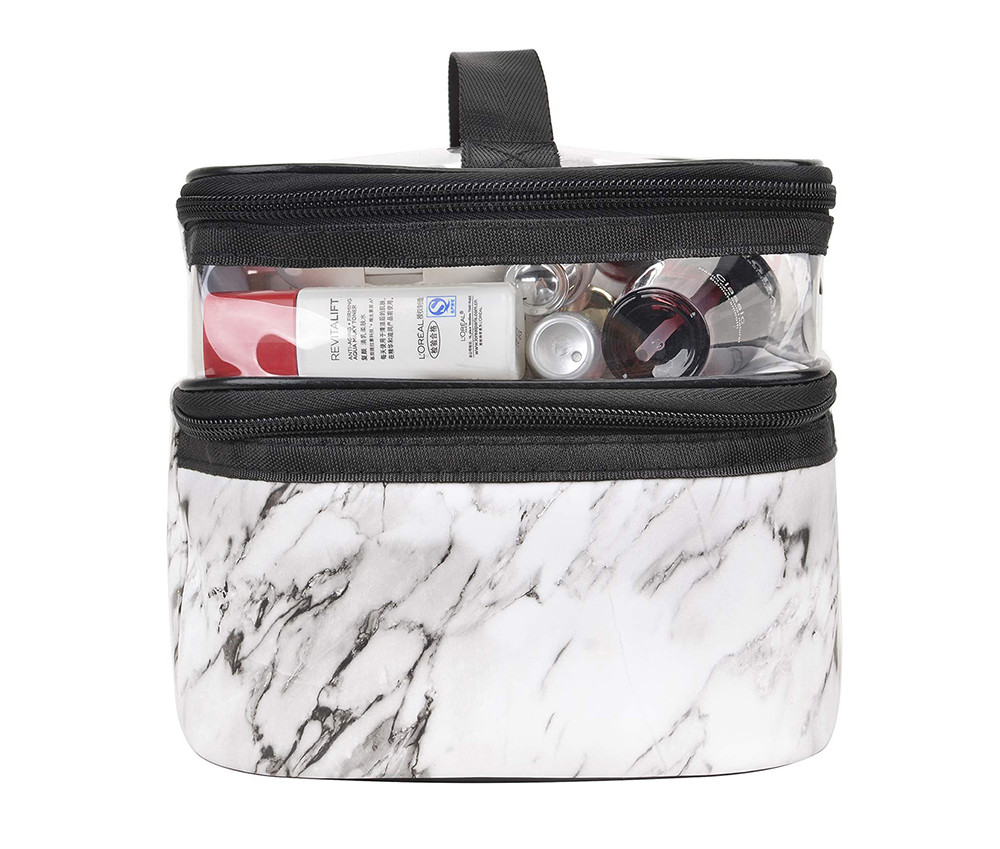 White Marble Double Layer Travel PU Leather Cosmetic Cases