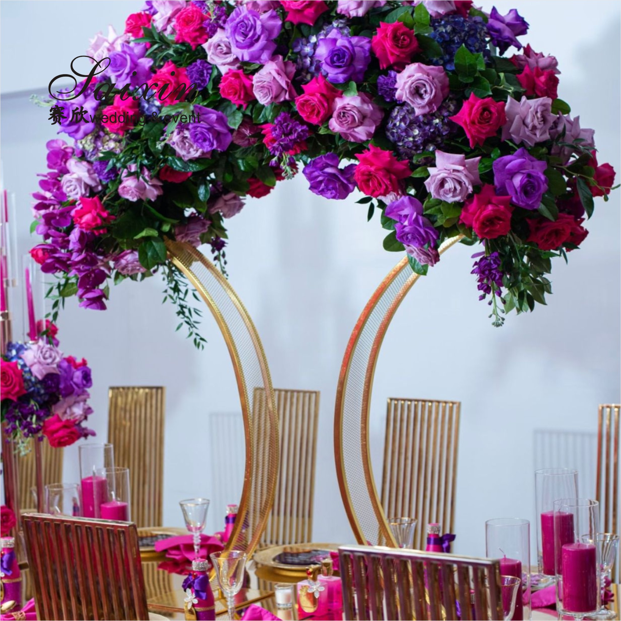 ZT-394 wedding decoration 6 arms cut glass cup tall gold color candle holder candelabras