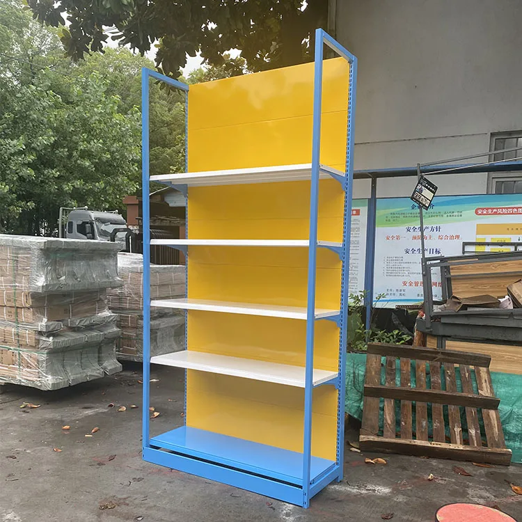 Factory Custom Size Color yellow gondola shelving supermarket shelf market exhibit wall shelf