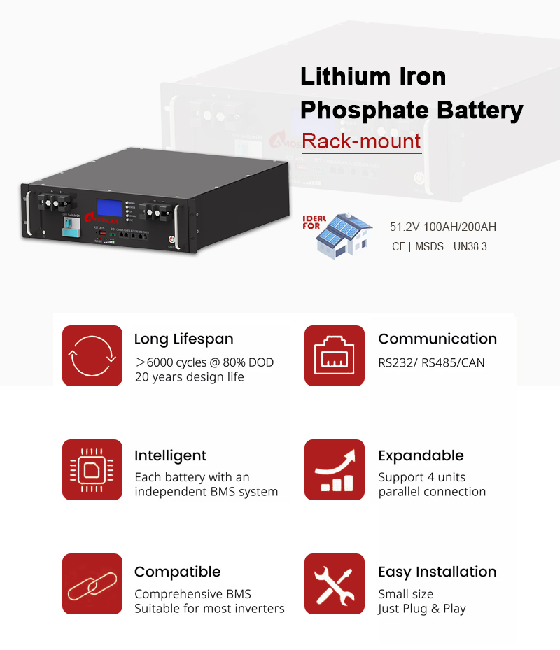 Electric Energy 10 Wh 48V 100Ah/200Ah Lithium Battery Rack for Most Hybrid Inverters