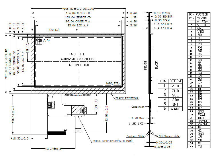 480x272 TFT LCD Display Screen, 4.3 Inch 40 PINS 420 CD/M2 24bit RGB Interface