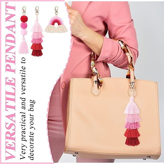 Boho Macrame Keychains Pom Pom Tassel Rainbow Keychains Cute Colorful Tassel Keychain Purse Charms for Handbags
