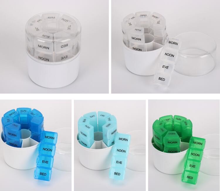 Premium clear plastic weekly pill holder one grid each day with pill splitter, one week 4case plastic pill container pil