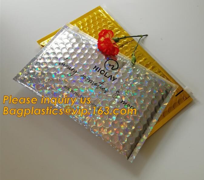 Holographic Factory Shiny gold Cosmetic bag Zipper Bubble Bag zip-lock Slider Padded Mailer metallic bubble zipper bagea