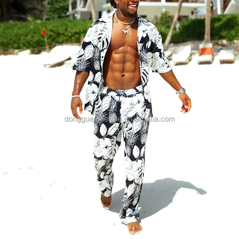 Custom Logo Rayon beach shorts set Satin Polo Tshirts Hawaiian 2 Piece Anti Bacterial