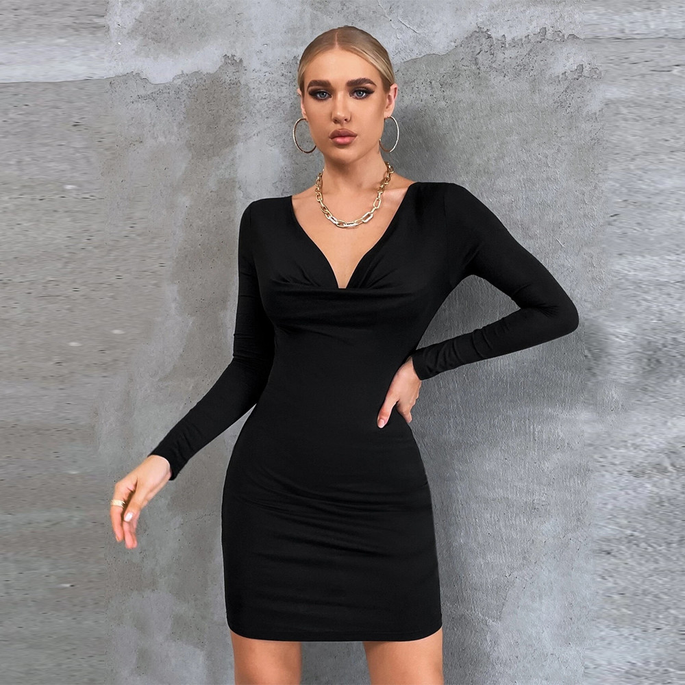 Black Ladies Maxi Dress Velvet Hip Wrap Skirt Flared Sleeves V Neck