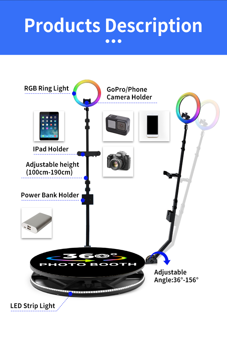 80-120CM Rotating Stand Square LED Ring Photo Booth with Strong Metal Tempered Glass