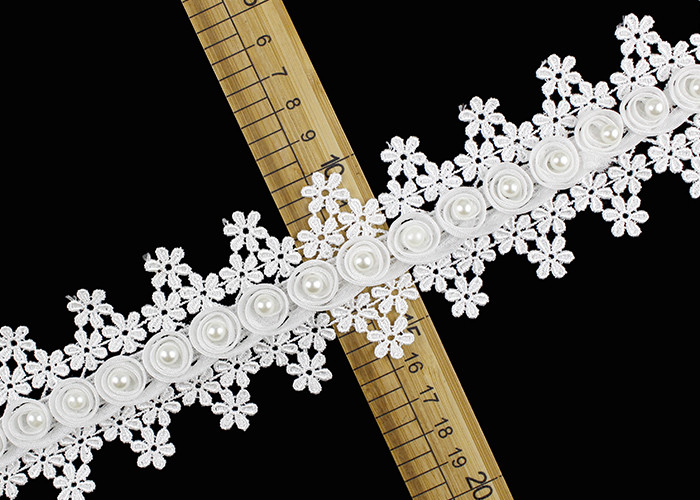 3D Flower French Venice Guipure Lace Trim With Pearl Bead For Bridal Wedding Dress