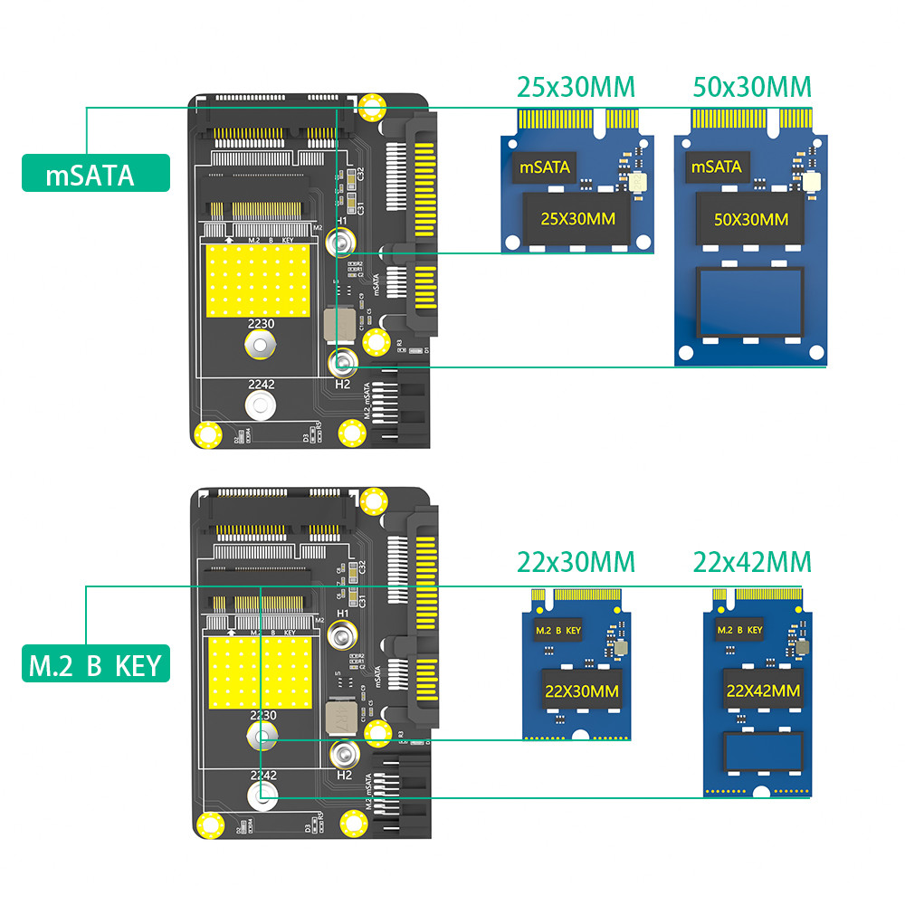 SATA 3.0 22PIN to NGFF M.2 B-Key MSATA Slot Converter Adapter Card For 2230 2242 Sata-Bus & MSATA SSD