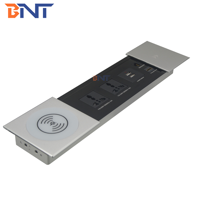 New product slide open hidden into desk mount socket box with wireless charger