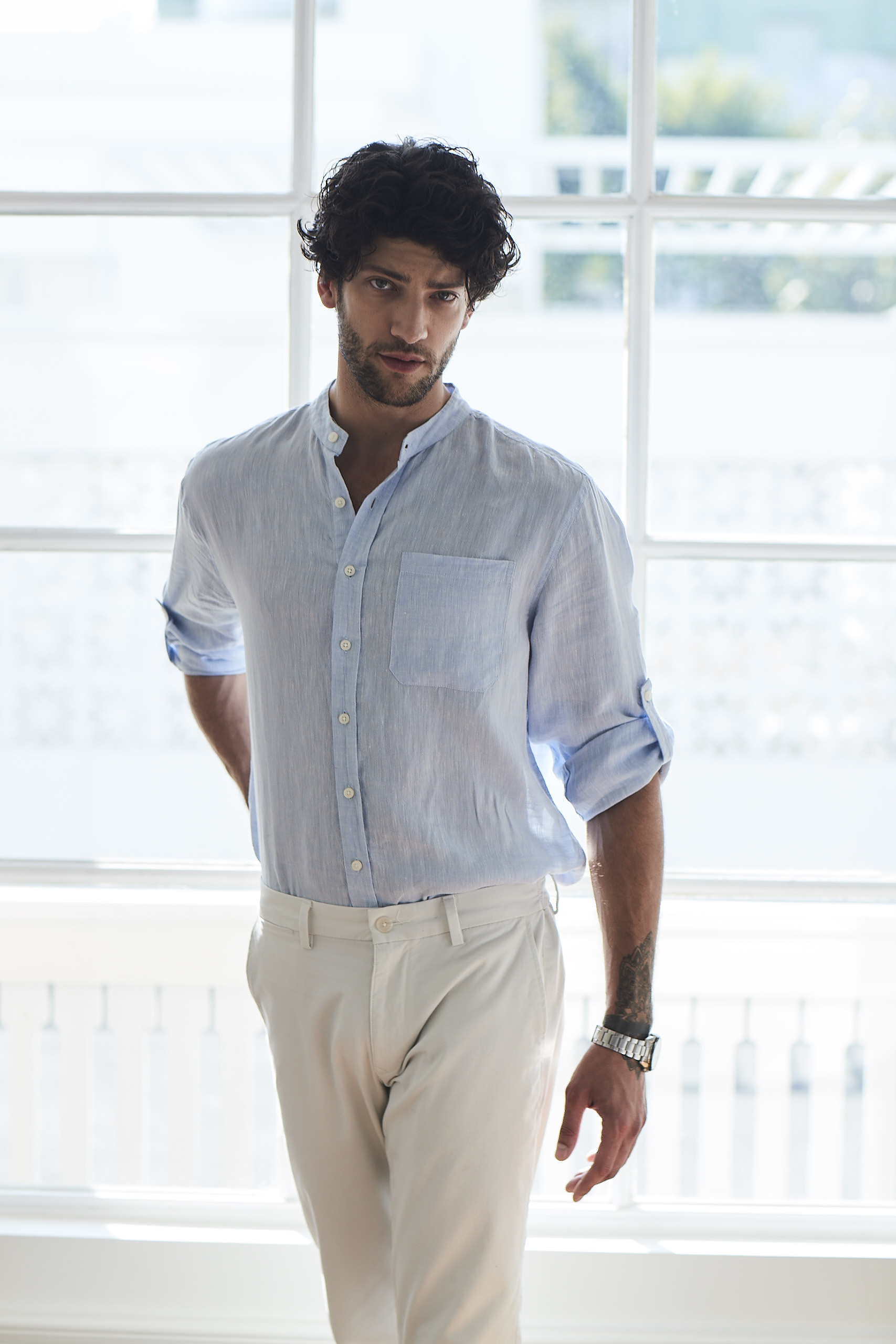 Multicolored Woven Custom Mens Casual Linen Shirts Banded Collar Standard Fit
