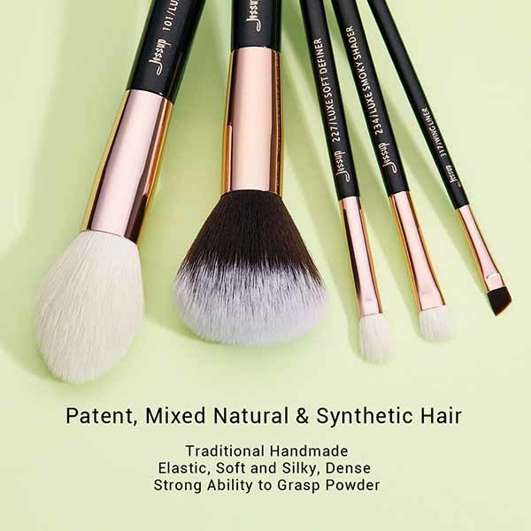 Jessup 15pcs Rose Gold Makeup Brushes Natural Hair Cosmetic Brush Kit