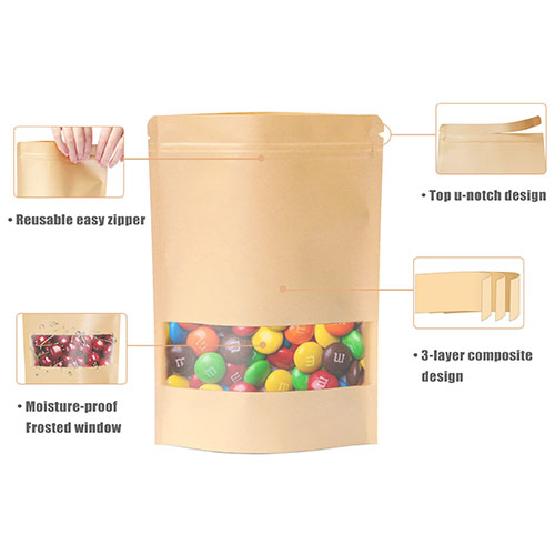 Kraft Paper Bag with Resealable Lock Seal Zipper and Stand Up Design Transparent Window