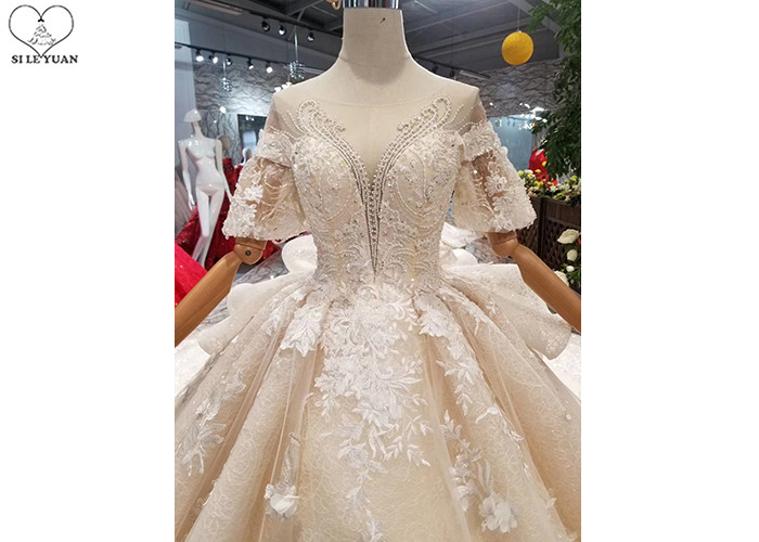 Female Princess Grace Wedding Dress Half Sleeve Beaded Net Three Layer Lace Tail