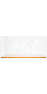 Clear Acrylic Tabletop Mail Organizer Box with Letter Word Script Design and Gold Mirror Base
