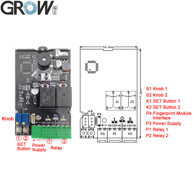 Grow K220+R502-a DC10-24V Two Relay Administrator/User Fingerprint Access Control Board
