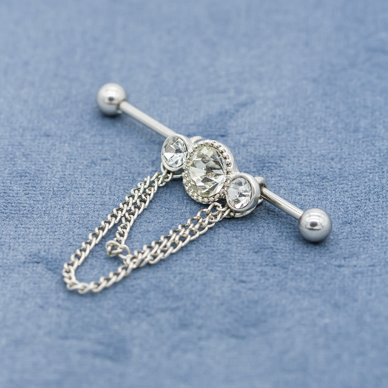 Clear Crystal Industrial Piercing Dangle Jewelry 14G 38mm Silver Color