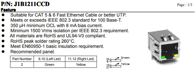 J1B1211CCD RJ45 Ethernet Connector MODULE WITH 10/100 BASE-TX