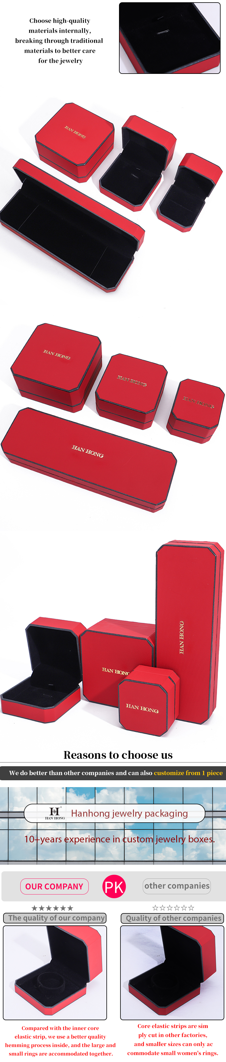 Red Velvet Material Rectangle Jewelry Box for Luxury Bracelet Earrings Necklace Ring