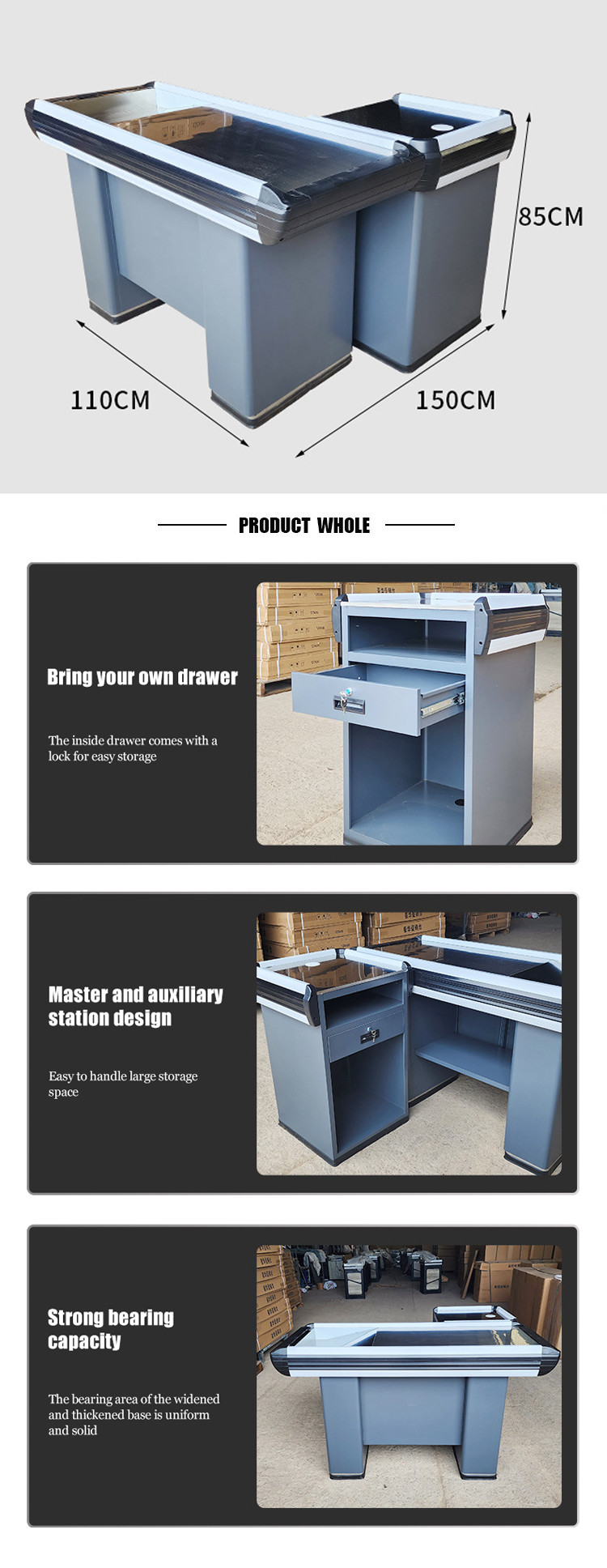 Customizable Durability Supermarket Checkout Counter Stainless Steel Table Cold Rolled Steel Cabinet