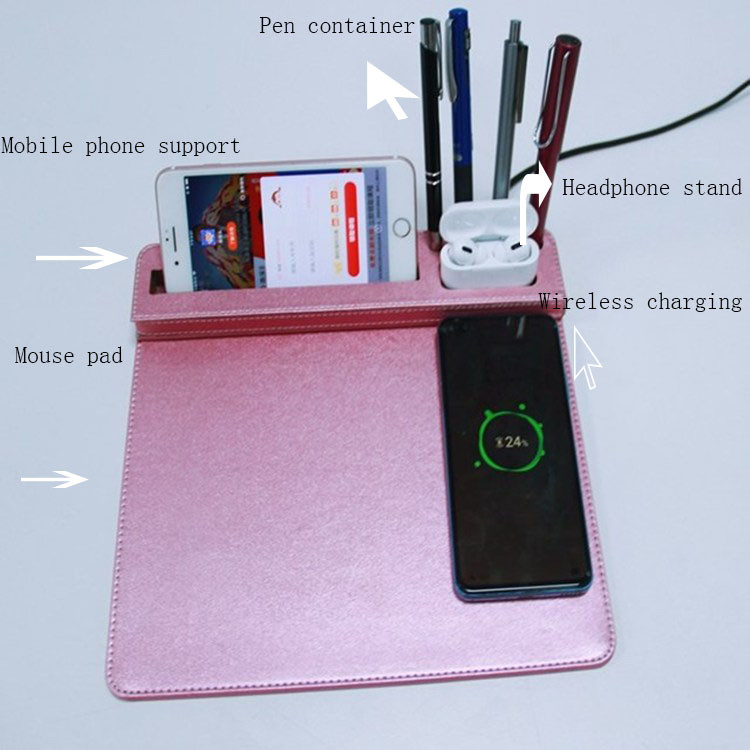Smart Pink Fashion Wireless Charging Mouse Pad Custom Logo Pu Leather Multifunction