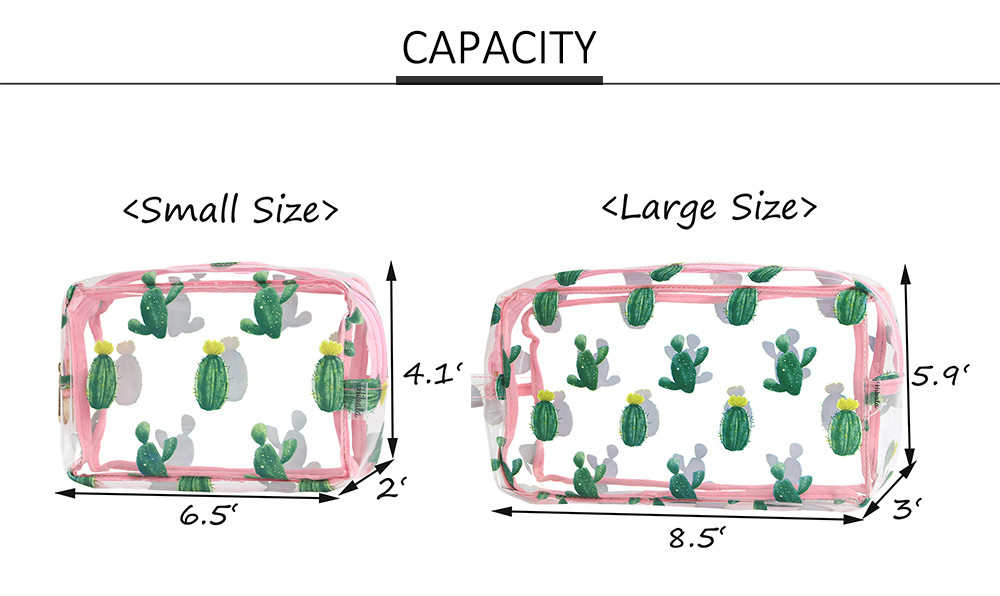 2pcs Zippered Cactus Print PVC Clear Travel Makeup Bag