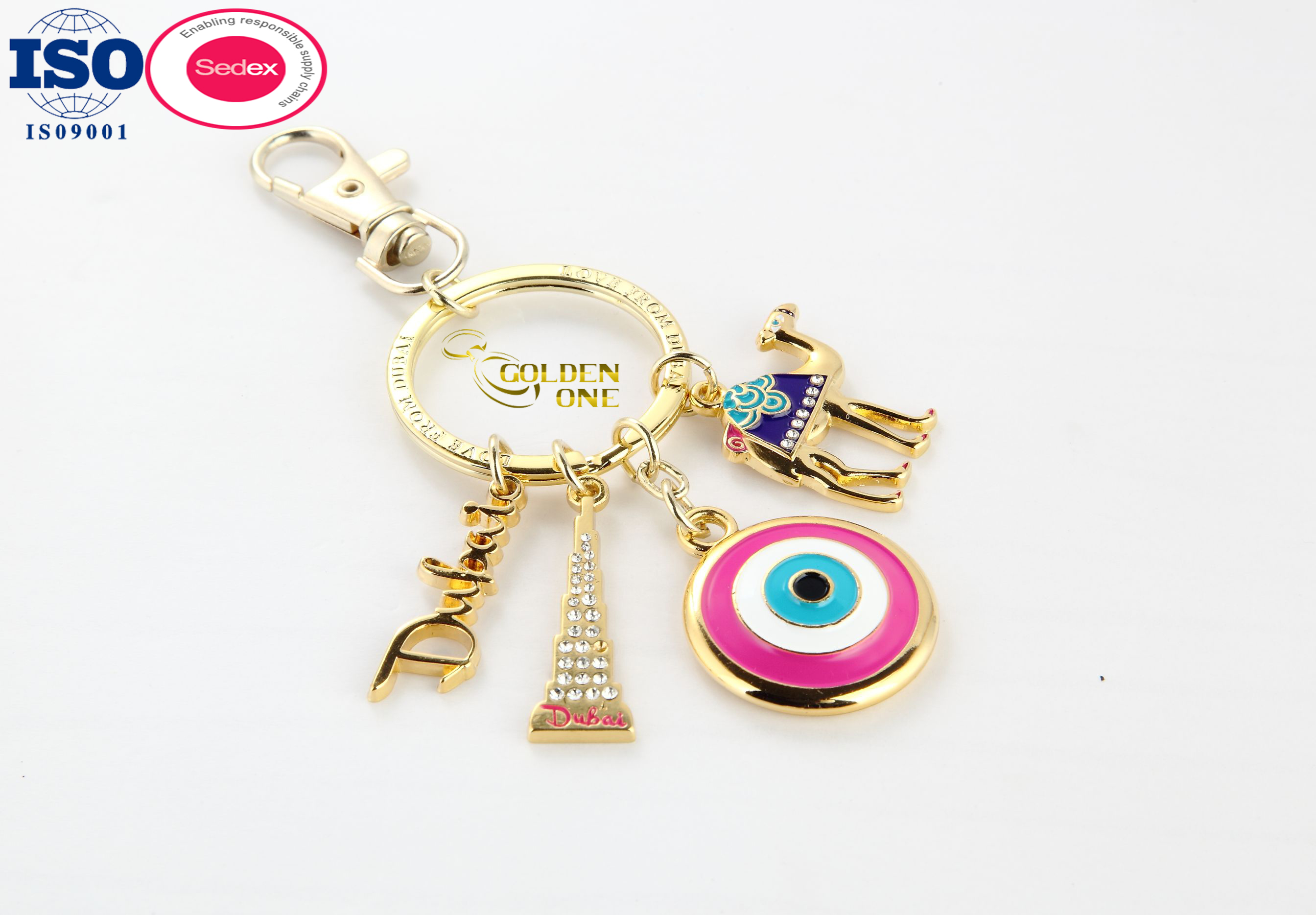 Low Price Accessories Enamel Keyring Shiny Gold Plated add Fake Diamond Letter Heart shape Burj Khalifa Tower Souvenir Keychain