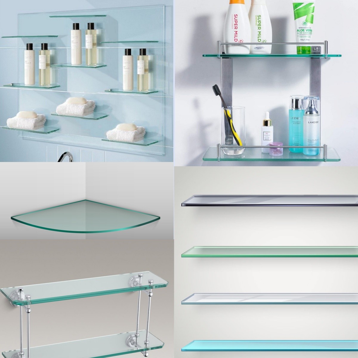 4mm 5mm 6mm 8mm 10mm 12mm Tempered Glass Bathroom Shelf OEM Toughened Glass Shelf Cut To Size With Rustproof Stainless Steel Railing