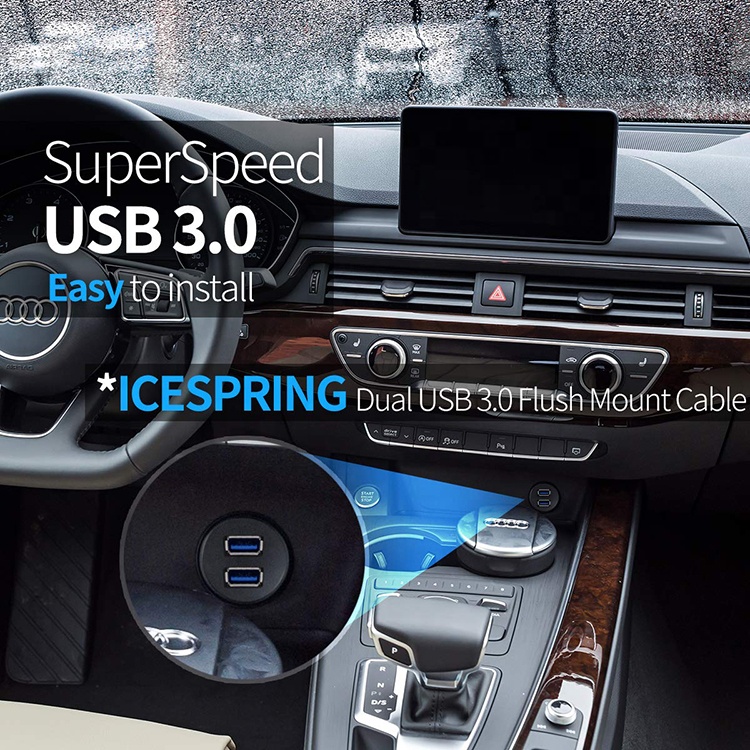 Waterproof Male to Female Aux Car Dashboard Panel Dual USB 3.0 Flush Mount Extension Cable for Motorcycle