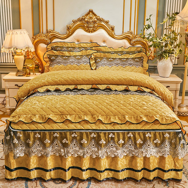 4 Pcs Winter Bed Spreads Cover Skirt Set with Embroidery of 100% Polyester Material