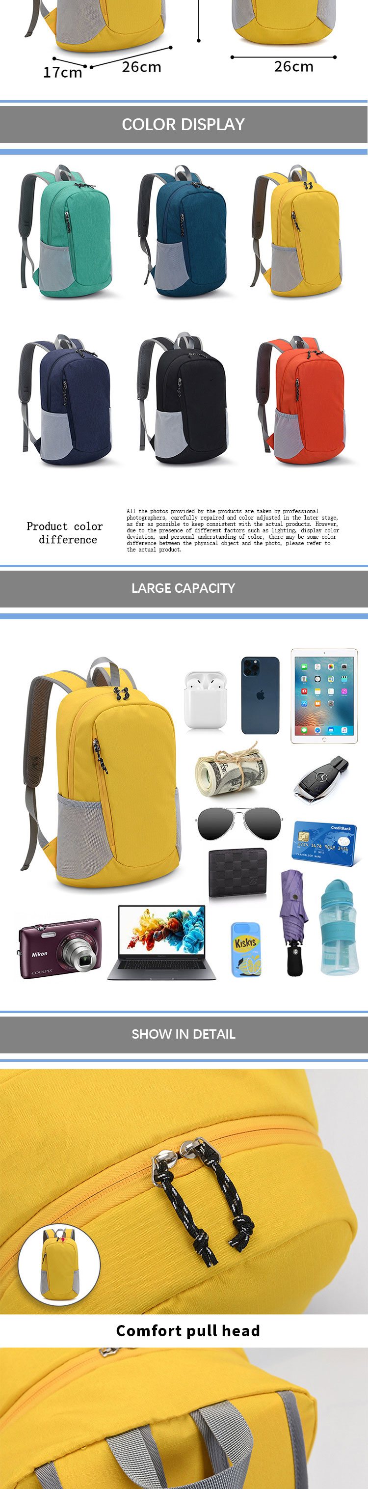 Light Weight Foldable Waterproof Running Backpack , Polyester Lining Unisex Travel Bag
