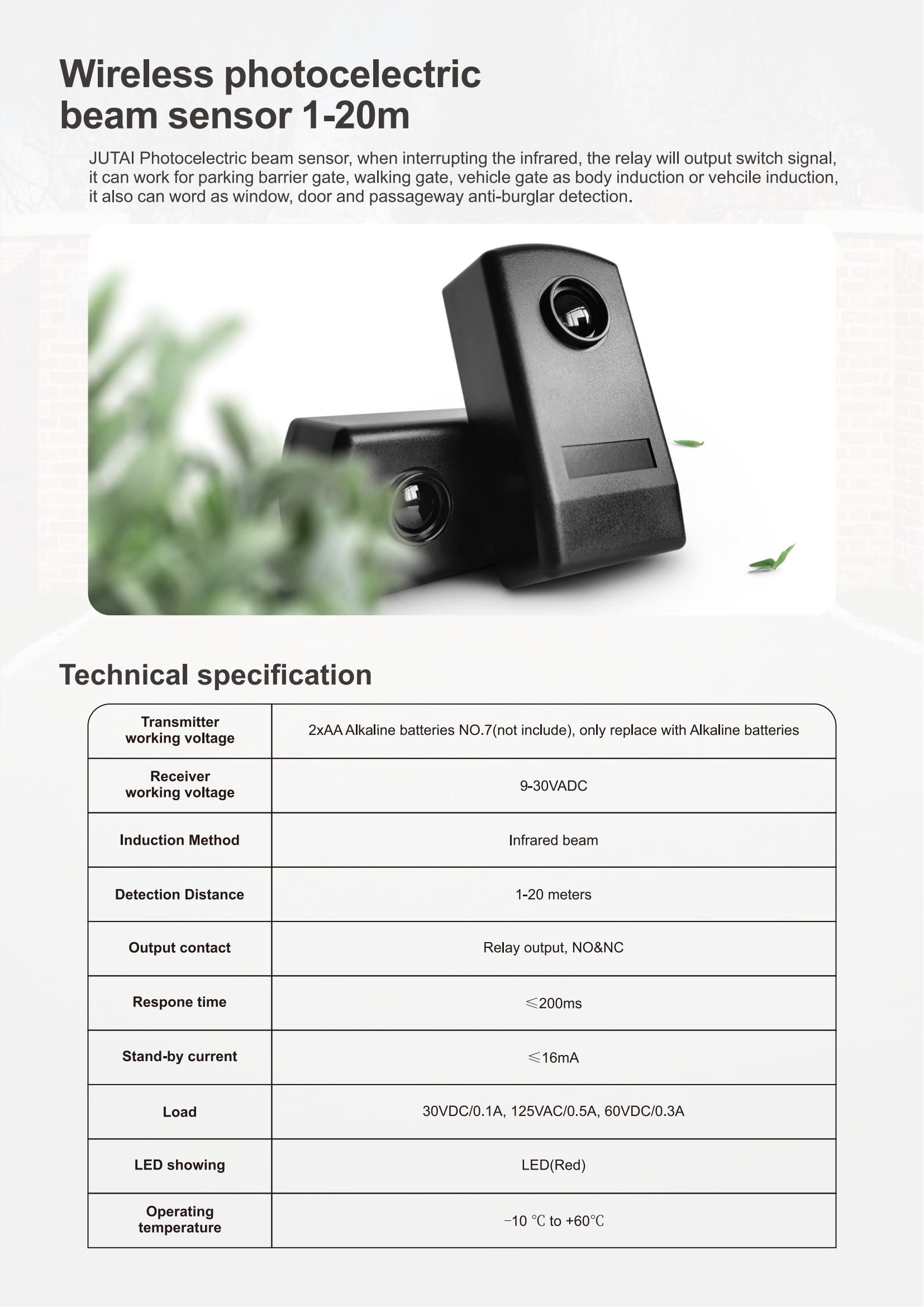 BP-20 Wireless Infrared Photocell Sensor Alkaline Battery 1.5 Years Life 20 Meters Range