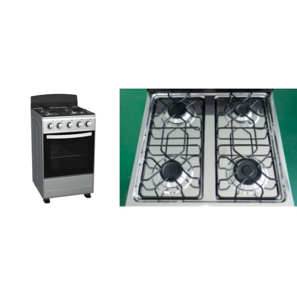 Close-up view of gas stove controls and burners