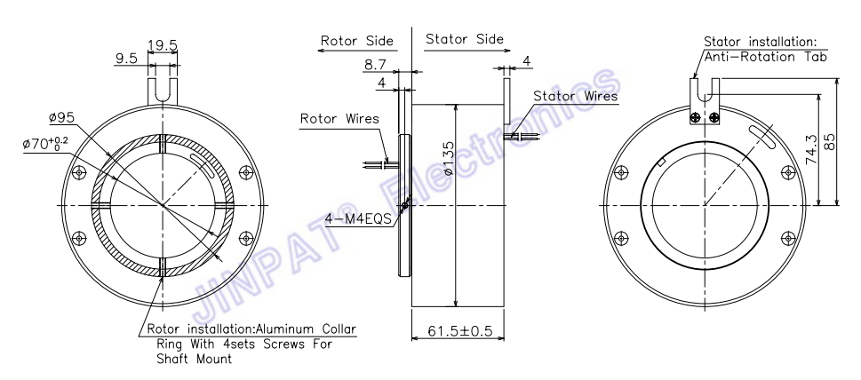 70mm Hore Size Design Through Bore Electrical Slip Ring 15A 38mm 6 Circuits