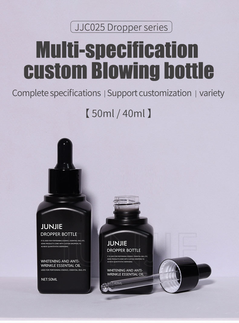 Custom Design PETG 40ml 50ml Square Black Hair Oil Serum Plastic Dropper Bottles for for Cosmetic Essential Oil